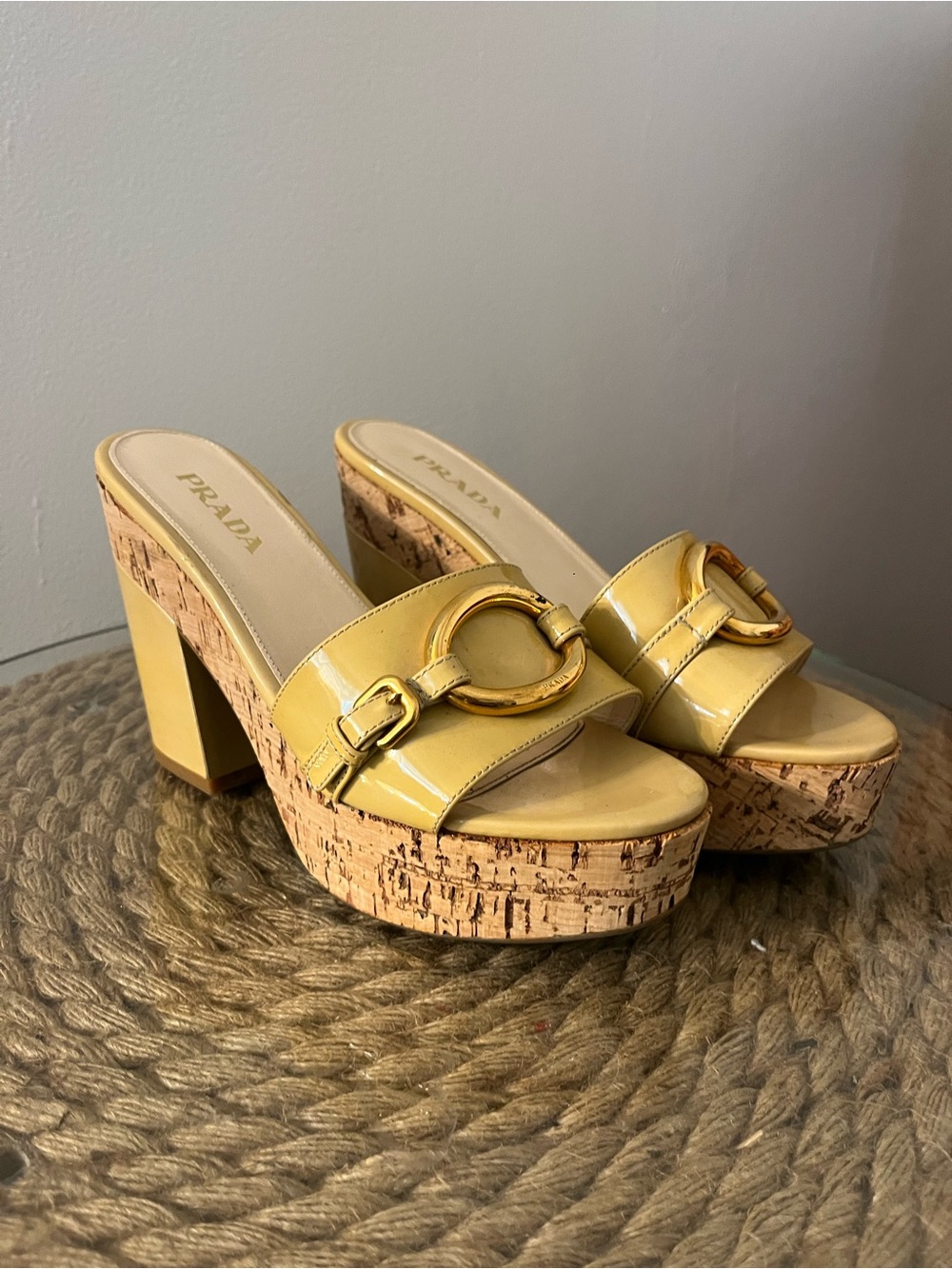 Prada Patent Leather Cork Platform Mules with Gold-Tone Ring - Picture 6 of 9